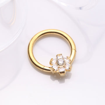 Detail View 1 of Implant Grade Titanium Golden Brilliant Flower Sparkle Clicker Hoop Ring-Clear Gem